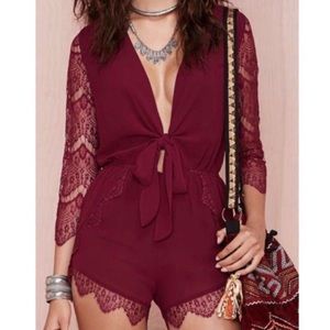 Cotton Candy Burgundy Lace Trim Front Tie Romper